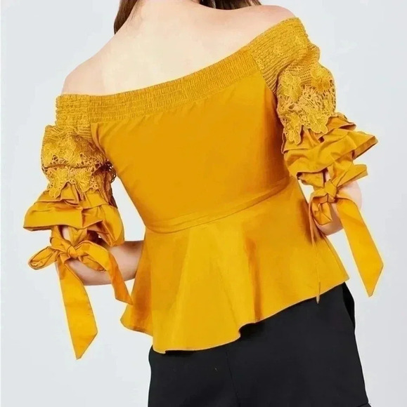 Bubble Sleeve W/bow Tie Off The Shoulder W/crochet Lace Cotton Woven Top… - Picture 2 of 9